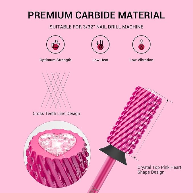 MelodySusie Large Barrel 3/32'' Tungsten Carbide Nail Drill Bit, Crystal Top Pink Heart Shape, Fast Remove Acrylic Gel, Cuticle Gel Polishing for Manicure Pedicure, Pink Blossom, Series Bit-S, XC