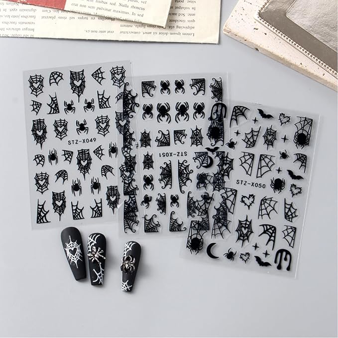 5 Sheets Halloween Nails Stickers Spider Wed Nails Art Stickers 3D Self-Adhesive Supplies Nail Decal with Spider Bat Love Design Nail Sticker for Nail Art Women's DIY Decoration