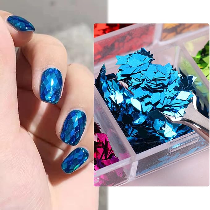 Rhombus Glitter Nail Art Sequins, Holographic 3D Shiny Nail Art Flakes Acrylic Supplies, 12 Colors Rhombus Nail Art Design for Women Girls Manicure Powder Charms Decorations DIY Sparkly Nail Art Tips