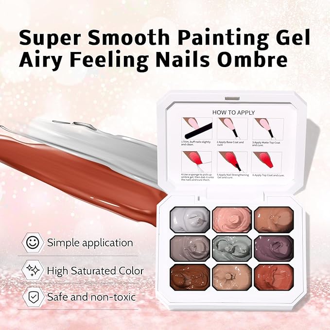 Sponge Pat Paint Nail Gel & Tools Kit, 9 Colors Ombre Nails Gradient Gel Nail Blush Blooming Aura Nails Drawing Stripper Floral Painting Nail Art, No Wipe, UV/LED Curing (9 Colors Set G)