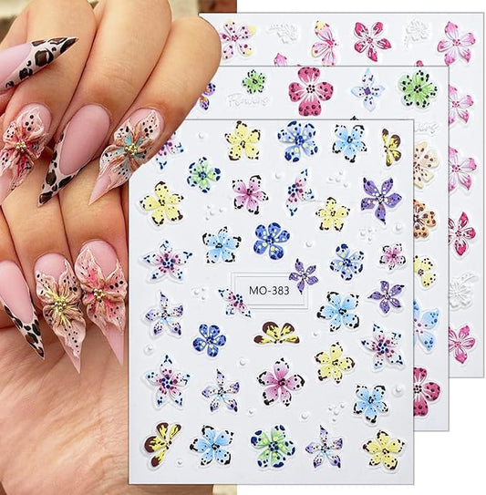 3 Sheets Embossed Flower Nail Stickers for Art - Colorful Floral 5D Self-Adhesive Autumn Flowers Decoration Supplies - Leopard Designs Decals for Women Girls