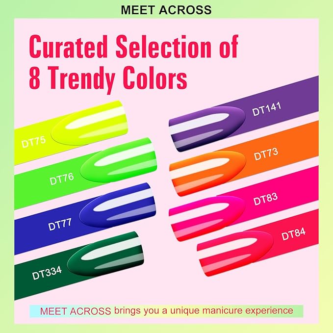 MEET ACROSS Neon Gel Nail Polish Set, 8 Colors Orange Yellow Green Blue Hot Pink Red Purple Spring Summer Nail Polish Kit Fluorescent Gel Polish Set for Home DIY Manicure Nail Salon
