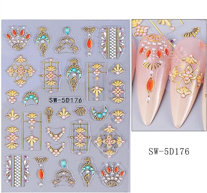 2 Sheets 5D Embossed Star Moon Nail Art Stickers Sun Rhinestones Nail Stickers Designs Nail Decals Supplies Self Adhesive Nails Sticker for Women DIY Acrylic Nail Accessories