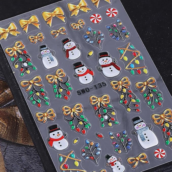 Christmas Nail Art Stickers Color Light Nail Decals with Christmas Tree Santa Claus Snowman Design 3D Self-Adhesive Gold Bow Nail Stickers Acrylic Nail Supplies for Women DIY Xmas Decor 2 Sheets