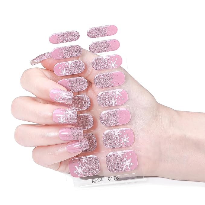 Christmas Semi Cured Gel Nail Strips, 16 Pcs Winter Xmas Gel Nail Stickers Snowflake Designs Glitter Wraps for UV/Led Manicure Lamp Nails Art Decorations