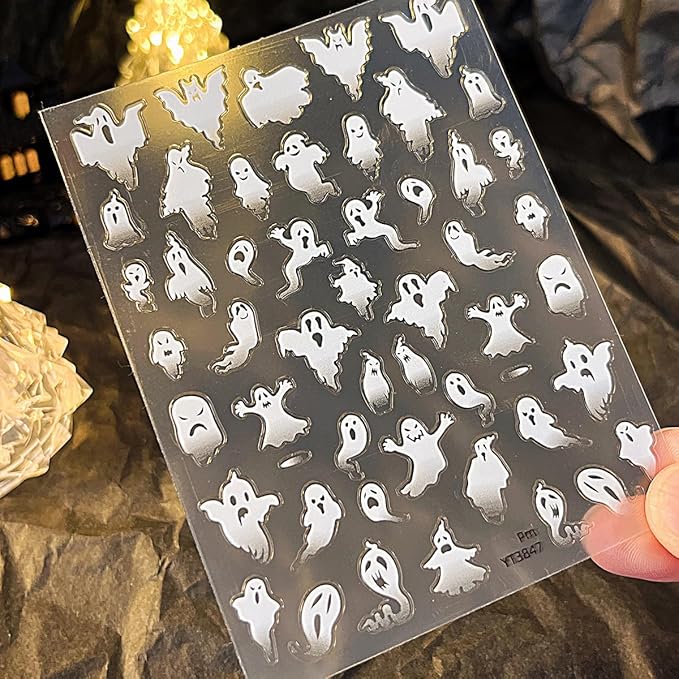 Halloween Ghost Nail Stickers for Nail Art 3D Self-Adhesive Halloween Nail Decals with Cute Ghost Design Spooky Nail Decals Holiday Style DIY Salon Manicure Supplies Sticker for Women