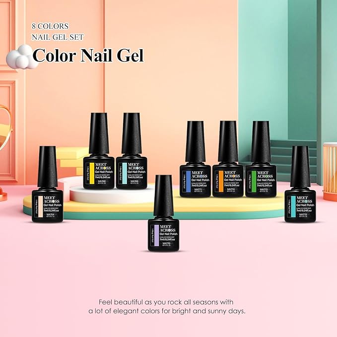 MEET ACROSS 1 Step Gel Polish Set Nail Art Manicure 3 in 1 Gel Kit Soak Off LED Gel Nail Varnishes No Need base gel top coat (Set-2, 8PCS)