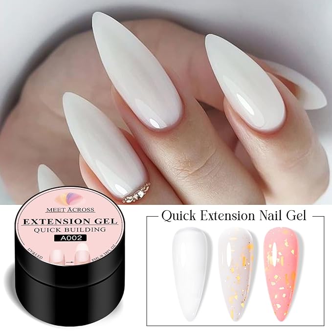 MEET ACROSS Poly Nail Gel 8Pcs Nail Extension Gel Set and Nail Extension Starter Kit for Beginners Nail Art DIY Home Gifts for Women (White + Gold Foil, 8pcs)