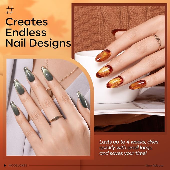 Modelones 32 PCS Fall Gel Nail Polish Kit, 28 Colors Cat Eye Glitter Brown Red Orange Gel Polish with Base Coat, Glitter & Glossy & Matte Top Coat Soak Off LED Nail Art Kit Salon at Home