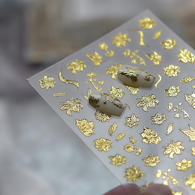 1 Sheets 5D Embossed Fall Nail Stickers for Nail Art Self-Adhesive Gold Flower Nail Art Stickers Gold Butterfly Autumn Leaves Nail Decals Floral Nail Design Sticker for Women Nails Decoration