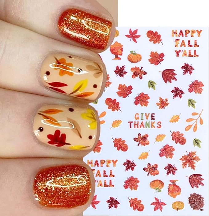 6 Sheets Fall Nail Stickers 3D Self-Adhesive Thanksgiving Nail Stickers with 5D Embossed Maple Leaf Nail Art Sticker Squirrel Pumpkin Leaves Design Autumn Nail Decals for Holiday Manicure Decorations