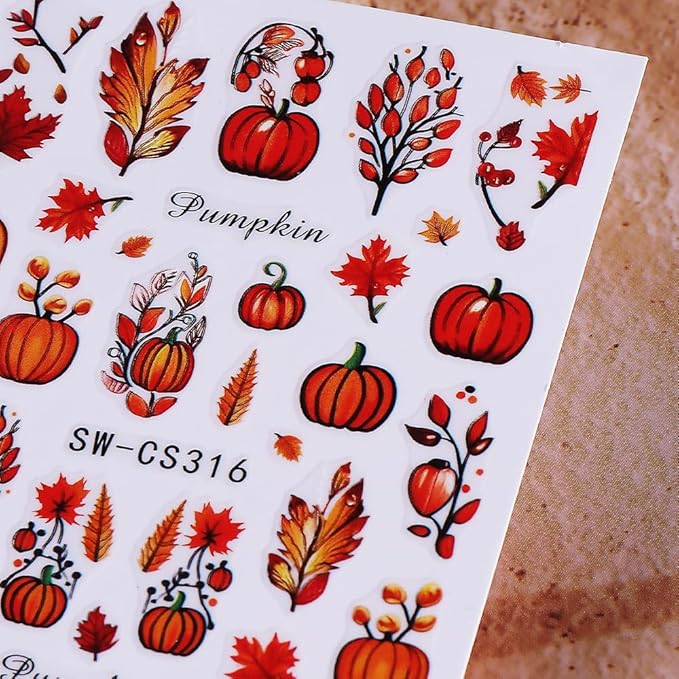 Fall Nail Stickers Autumn Pumpkin Maple Leaf Nail Art Stickers 6PCS 3D Self-Adhesive Fallen Leaf Pumpkins Flowers Fall Nails Design Manicure Decals Supply for Thanksgiving Day DIY Nail Decorations