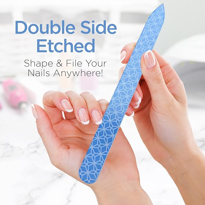 Pop Sonic Double-Sided Glass Nail File | Fingernail Files for Shaping & Smoothing Nails | High-Quality Tempered Glass | Strong, Wear-Resistant Filer w/Protective Carrying Case (Blue Geo)