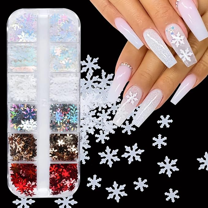 12 Grids 3D Laser Snowflake Nail Decals - Holographic Sequins, White Snow Glitter Shapes - Christmas & Winter Nail Art Stickers