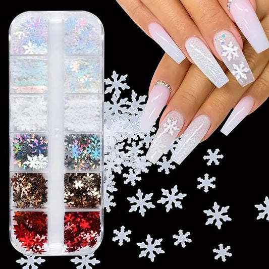 12 Grids 3D Laser Snowflake Nail Decals - Holographic Sequins, White Snow Glitter Shapes - Christmas & Winter Nail Art Stickers