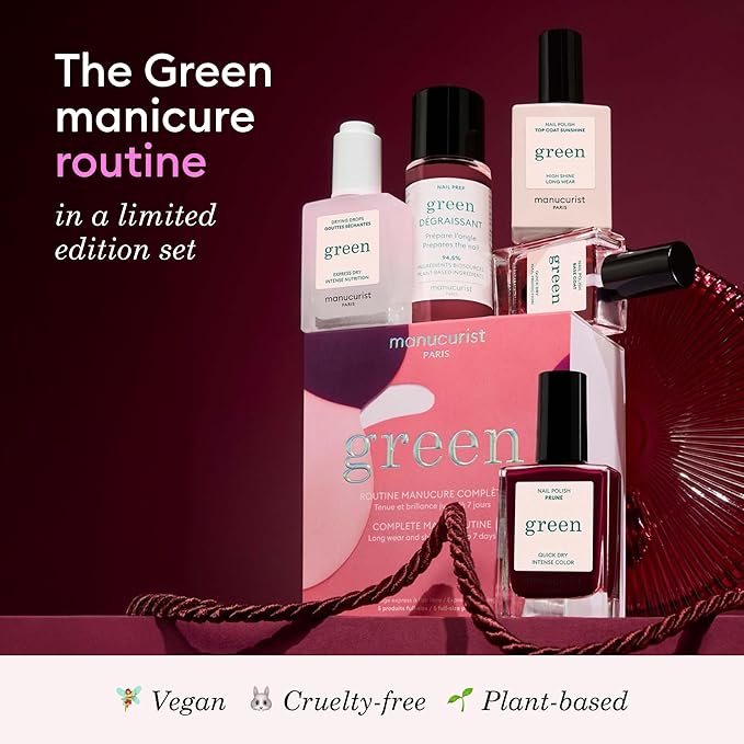 Manucurist Green™ System Set with Plum - Professional Vegan Plant-Based Manicure Kit: 1 Degreaser, 1 Base Coat, 1 Nail Polish Dark Wine, 1 Top Coat, Dried Drops - Gifts for Women