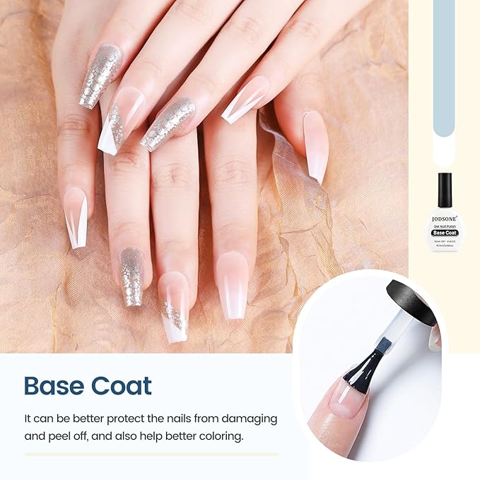 JODSONE 16.5ml Base Coat Gel No Wipe Long Lasting Streak-Free Shine Clear Base Gel Nail Polish Need U V Lamp Cured at Home DIY Nail Salon Girl Gift