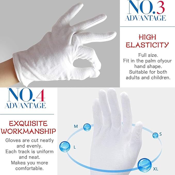 24pcs Soft White Cotton Gloves Cotton Sleep Gloves Moisturizing Eczema Cotton Gloves for Dry Hands Coin Jewelry Silver Archival Costume Inspection Gloves (XL)
