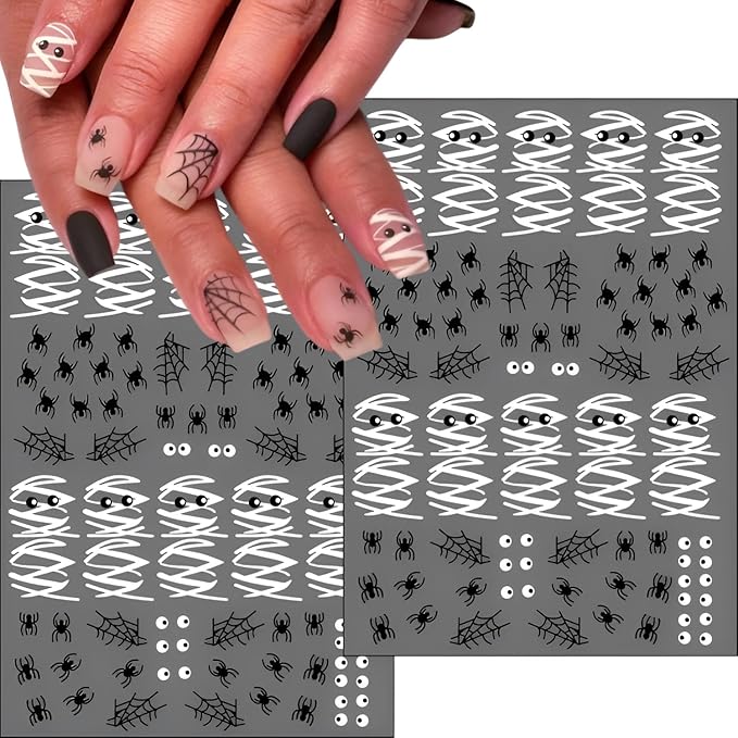 12 Sheets Halloween Nail Stickers for Nail Art 3D Self Adhesive Mummy & Cute Ghost Nail Decals Halloween Nail Stickers with Spider Pumpkin Spider Web Nails Design Flower Nails Supplies for Women Girls