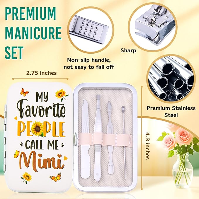 Mimi Gifts - Manicure Set – 7-Piece Stainless Steel Nail Clipper Kit for Women – Sunflower Leopard Design Travel Nail Care Gift for Mimi, Grandma – Mother’s Day Appreciation Gift