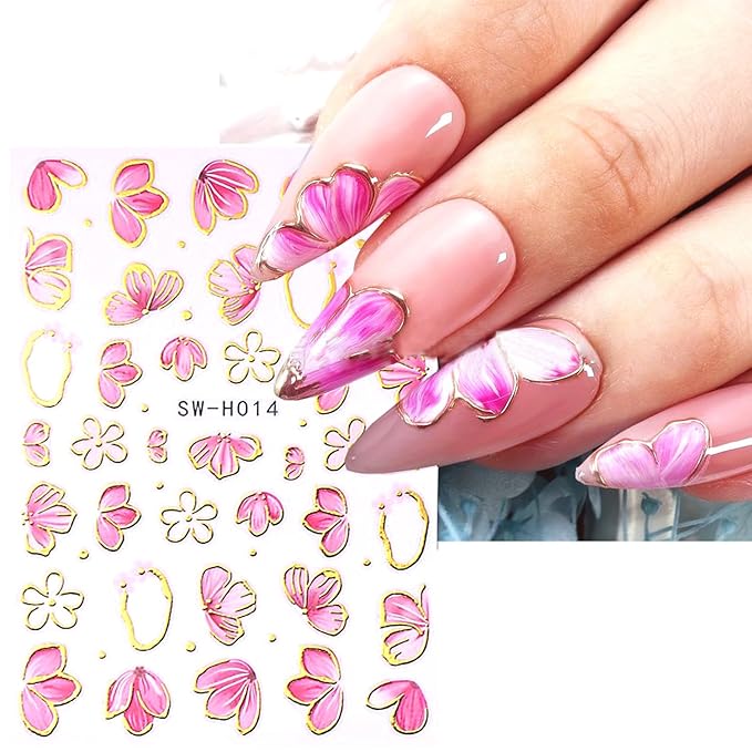 Flower Nail Art Stickers Decals,Colorful Petal Gold Line Nail Stickers for Nail Art Pink Floral Plant Nail Design Flowers Sticker for Nails Spring Manicure DIY for Women Nail Decor Accessories 4PCS