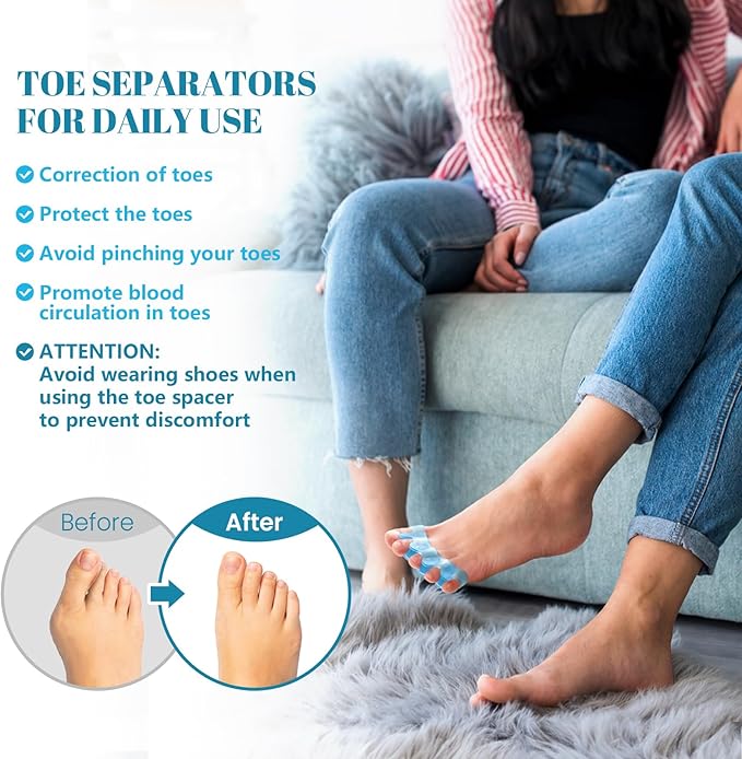 Gel Toe Separators for Toe Alignment - Silicone Toe Spacers for Bunions - Toe Spreaders for Straightening Overlapping Toes - Big Toe Corrector for Women & Men (2 Pairs, Blue)