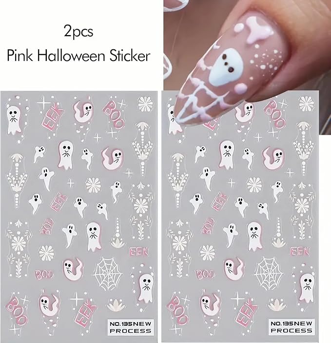 2Pcs Halloween Nail Art Stickers 5D Embossed Halloween Ghost Nail Decals Cute Ghost Spider Web Totem Pattern Designs Self Adhesive Horror Nail Supplies for Women Manicure Tip Decorations Accessories