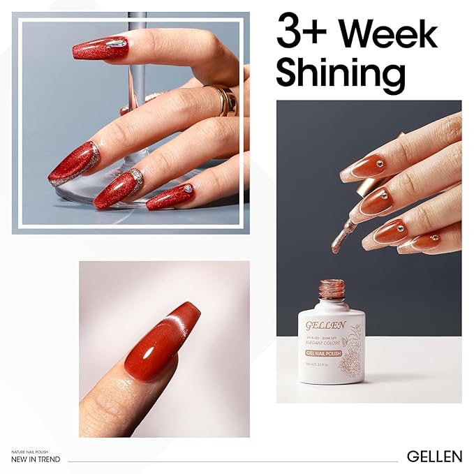 Gellen Glitter Cat Eye Gel Nail Polish Set 6 Colors Red Burgundy Gel Nail Polish with Magnet UV LED Soak Off Sparkle Nail Polish Kit Magnetic Gel Polish Set for DIY Nail Art Women Valentine’s Day Gift