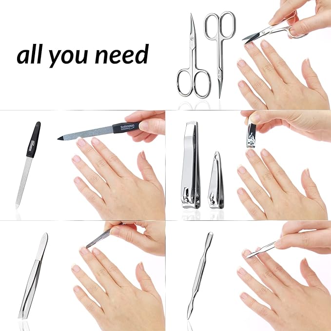 Manicure Set Solingen Made in Germany - 7 Piece Exclusive Finger & Toe Nail Clippers Kit for Women and Men in Vegan Leather Case, Color Carbon