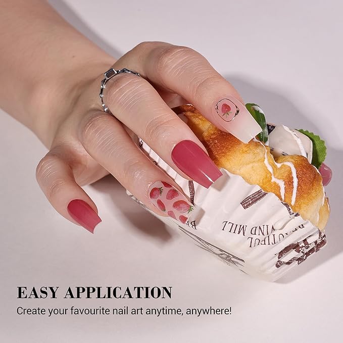 MelodySusie Pink Strawberry Semi Cured Gel Nail Strips, 20 PCS Gel Nail Stickers, UV Light Required, Durable & Salon Quality