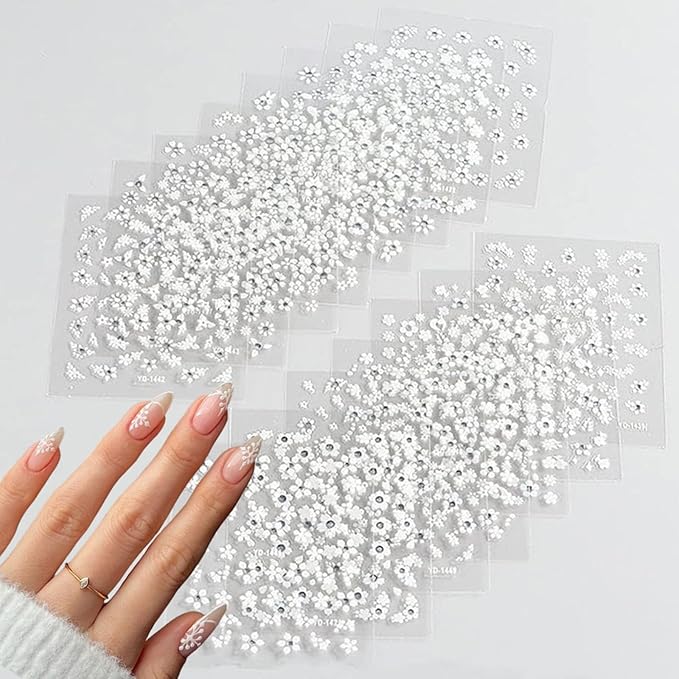 30 Sheets White Rhinestone Flower Nail Art Stickers 3D Self-Adhesive Flower Nail Stickers Design Holographic Small Flowers with Rhinestones Suitable for Women Nail Art Decoration
