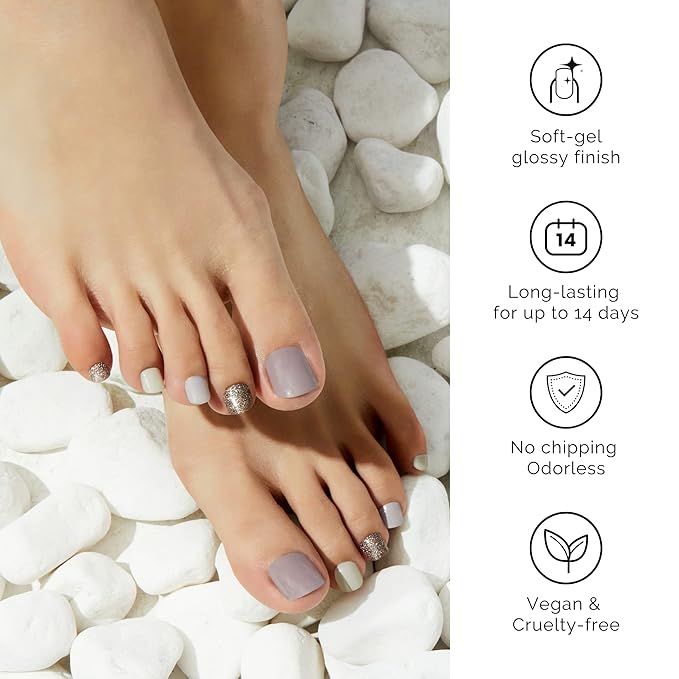 NAILOG Semi Cured Gel Nail Strips, Toe Nail Polish Strips with Glossy Gel Finishing | Buy 3 Get 1 UV Lamp| 32 Pieces Long Lasting Pedi Stickers | Purple & Gray