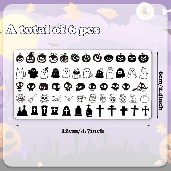 Whaline 6Pcs Halloween Nail Plates Stamping Set Pumpkin Ghost Skull Stamp Templates Nail Art Plates for DIY Print Manicure Salon Design Gift