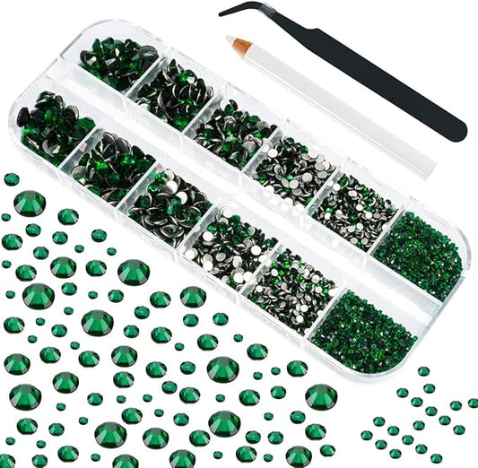 4010pcs Green Nail Art Rhinestones Kit, qiipii Round Glass Emerald Flatback Crystal Stones Nail Charms 6 Sizes (1.6-6.1 mm) Up to SS30 Nail Gems w Pick up Tweezer Pen for Nail Crafts Face Eyes Makeup