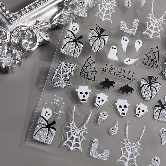 Halloween Nail Art Stickers Decals Glitter Pumpkin Ghost Nail Stickers 6PCS 3D Self-Adhesive Spider Web Spider Knife Ghost Design Halloween Stickers Manicure Supply for Women Holiday DIY Nail Salon