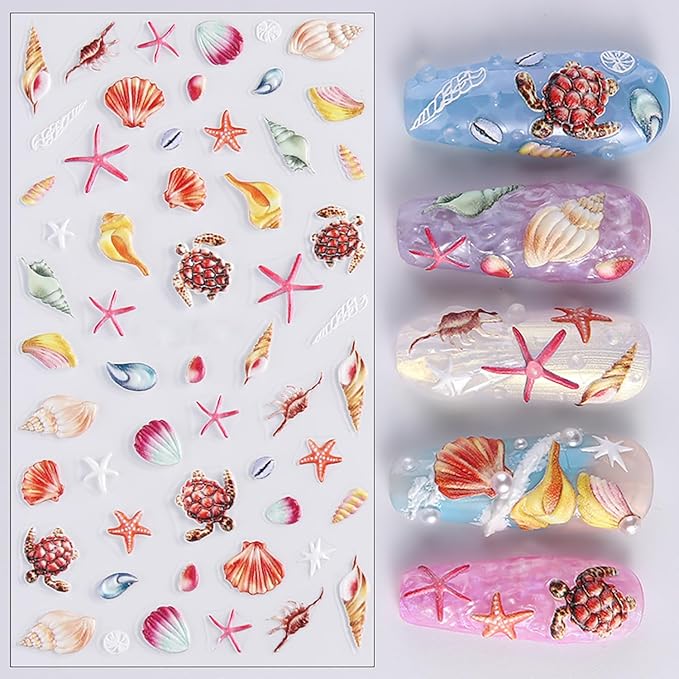 1 Sheets Summer Nail Stickers for Nail Art 5D Embossed Conch Starfish Nail Decals Ocean Beach Nail Art Stickers Self-Adhesive Sea Turtles Seashell Nail Design Decals for Women Acrylic Nails Supplies