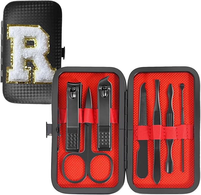 Manicure Set 7 PCS Nail Clippers Kit, Bafezoze Mens Grooming Kit, Initial Christmas Stocking Stuffers for Men Boys Letter R