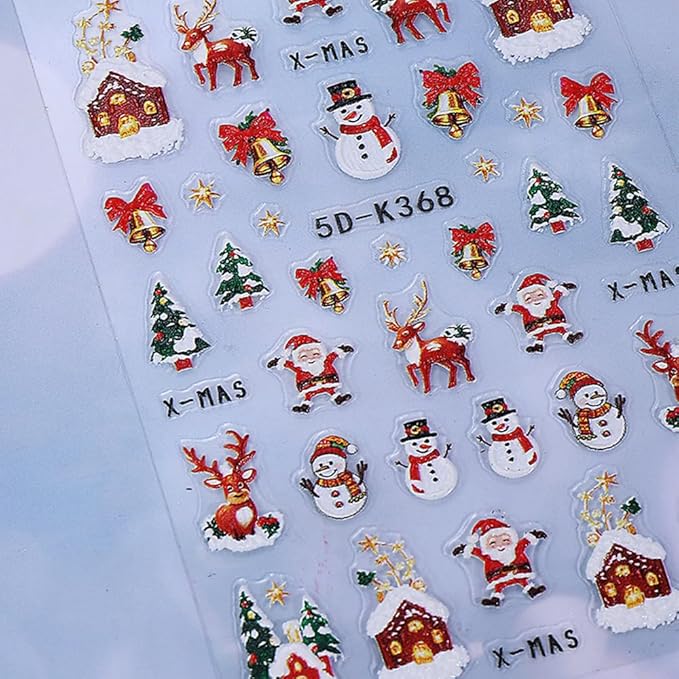 Christmas Nail Stickers 5D Embossed Snowman Elk Nail Art Stickers Xmas Holiday Nail Decals Self-Adhesive Deer Snow Santa Claus Design Sticker Nail Decoration for Women Manicure Accessories 2Pcs