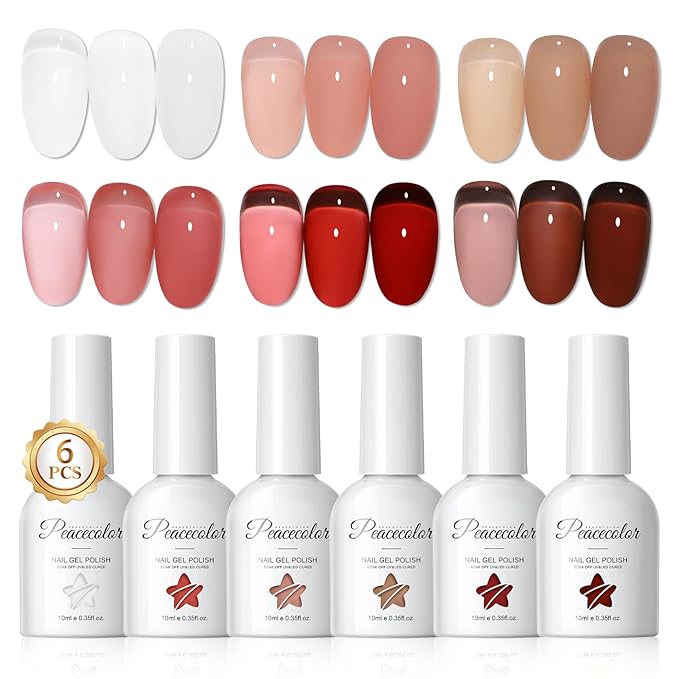 PEACECOLOR Fall Jelly Gel Polish Set 6 Colors Red Brown Gel Nail Polish Autumn Colors Nail Starter Kit Soak Off for Women Home Salon Design