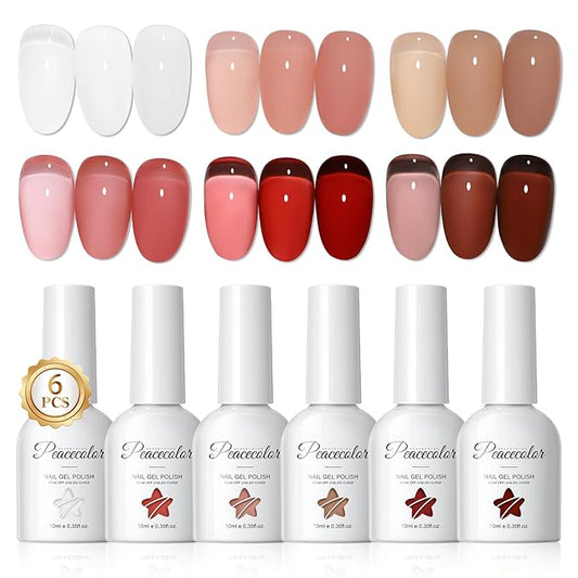 PEACECOLOR Fall Jelly Gel Polish Set 6 Colors Red Brown Gel Nail Polish Autumn Colors Nail Starter Kit Soak Off for Women Home Salon Design