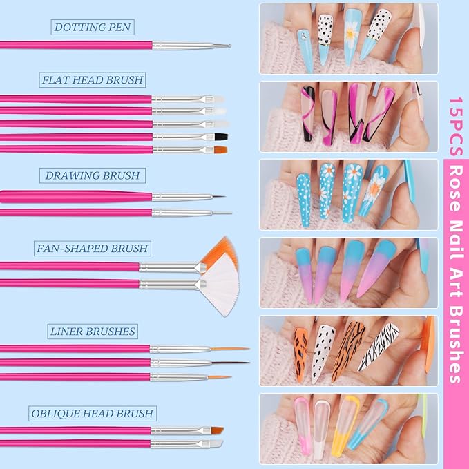 Nail Art Kit for Beginners with Nail Brushes Set and Dotting Tools, Jumbo Holographic Glitter Sequins Mixed Flower Heart Glitter Flake Colorful Striping Tape Fruit Slices with Tweezers (01-Rose)