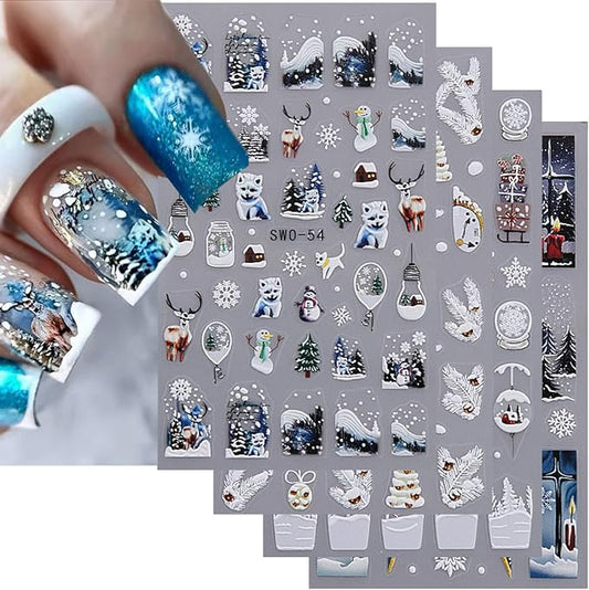 5D Embossed Christmas Nail Stickers for Nail Art - Snowflake Nail Art Stickers Xmas Tree Light Ball Gift Nail Decals Elk Deer Nail Supplies for Women DIY Christmas Decorations 4 Sheets