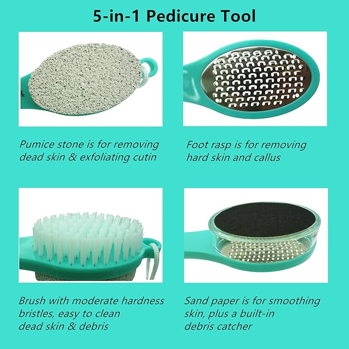 Foot File Callus Remover 5-in-1, 2 Pcs Feet Scraper Pedicure Tools with Pumice Stone, Scrubber Brush, Stainless Steel Foot Rasp and Sand Paper Debris Catcher, Multi Purpose, Pink Cyan