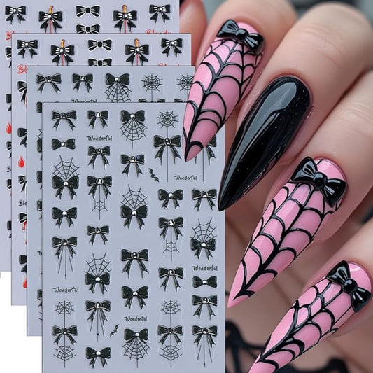 4Pcs Spider Web Halloween Nail Stickers 3D Bow Bat Spider Nail Decals Spooky Self Adhesive Black Cobweb Nail Design Sticker Halloween Nail Decoration Supplies Holiday Manicure Accessories for Women