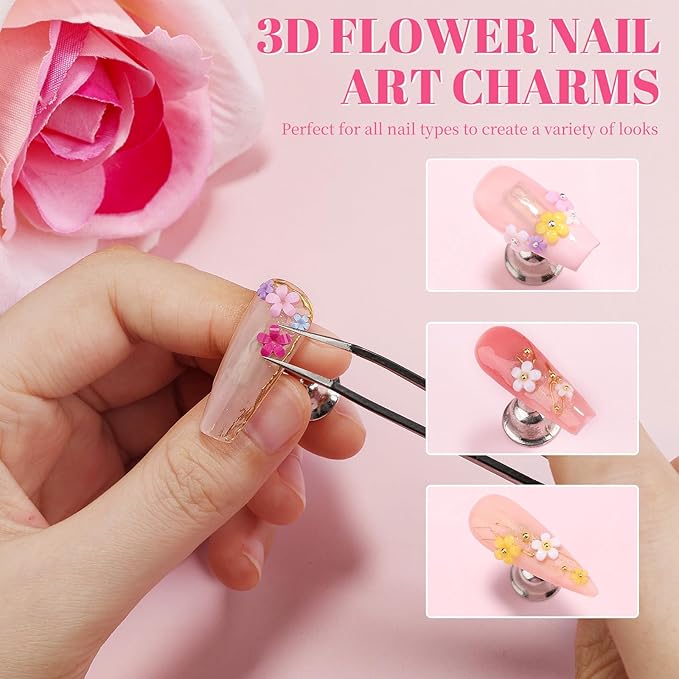 2 Boxes Colorful Flower Nail Charms & Nail Beads, Iridescent Nail Flower Charms Silver/Gold Caviar Beads with Nail Chain for Women DIY Manicure Crafts (6-S2-Mixed3)