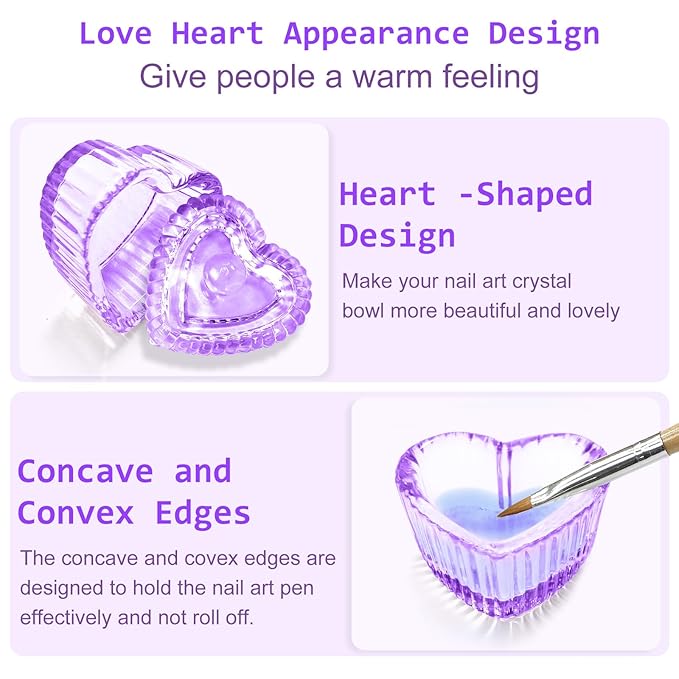 Crystal Sweet Heart Shape Acrylic Liquid Powder Glass Dappen Dish Glass Cup w Cap Lid Bowl for Acrylic Nail Art Transparent Kit (HJ-NAPB071-Purple-2pcs)