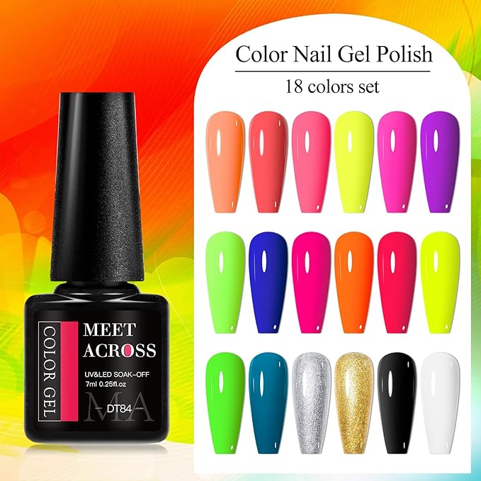 MEET ACROSS 18pcs Gel Nail Polish Set Soak Off UV LED Lamp Gel Nail Polish Kit (SET-5, 18pcs)