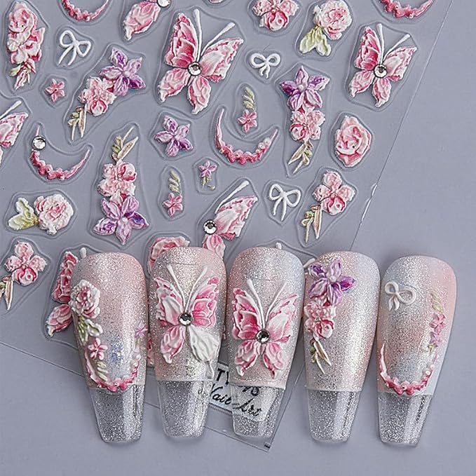 1 Sheets Butterfly Crystal Diamond Nail Art Stickers Embossed Butterfly Nail Decals French Flower Bow Design Self-Adhesive Pegatinas Uñas Nail Stickers Nail Decals for Women Spring Nails Decoration