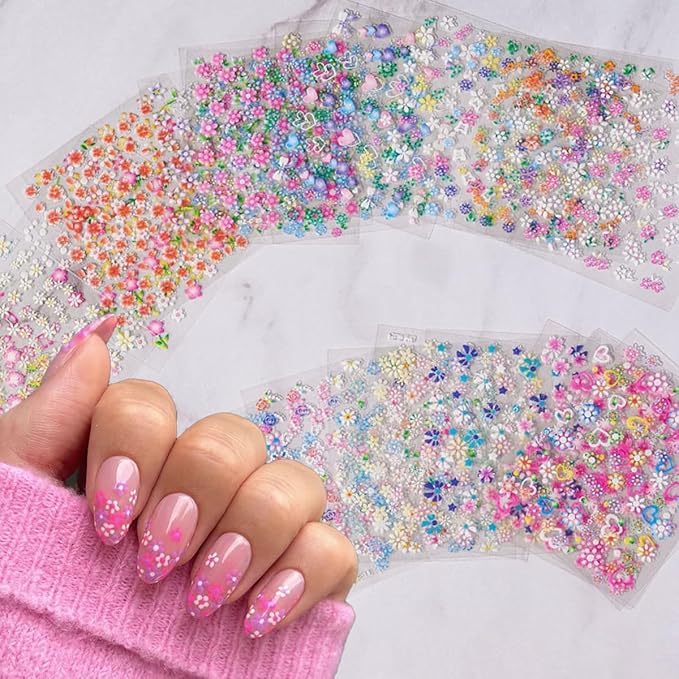 3D Colorful Flowers Nails Art Charms and Flower Nail Art Stickers 4 BoxesNail Rhinestones for Nail Art, Pearl Nail Charms and Silver Gold Caviar Beads for Nails