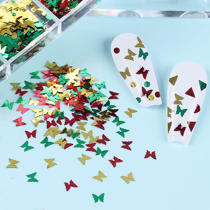 Christmas Nail Art Glitters, Christmas Tree Snowflake Nail Sequins, 3D Mixed Snowflake Tree Heart Star Butterfly Circle Nail Sparkly Flakes Design for Women Manicure Holiday Nail Art Decoration